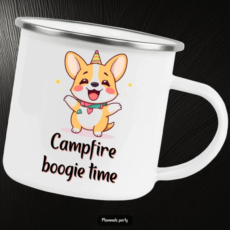 Funny giggling corgi camping mug, wearing a party collar and dancing, ready for outdoor fun and warm beverages.