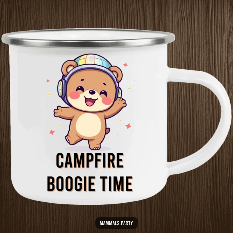 Happy bear wearing a disco ball helmet, dancing energetically, on a sturdy camping mug for outdoor fun.