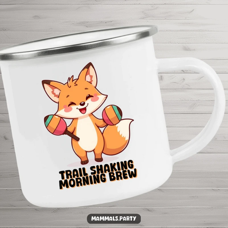 Funny camping mug featuring a smiling fox character doing a silly dance with oversized maracas, perfect for outdoor enthusiasts with humor.