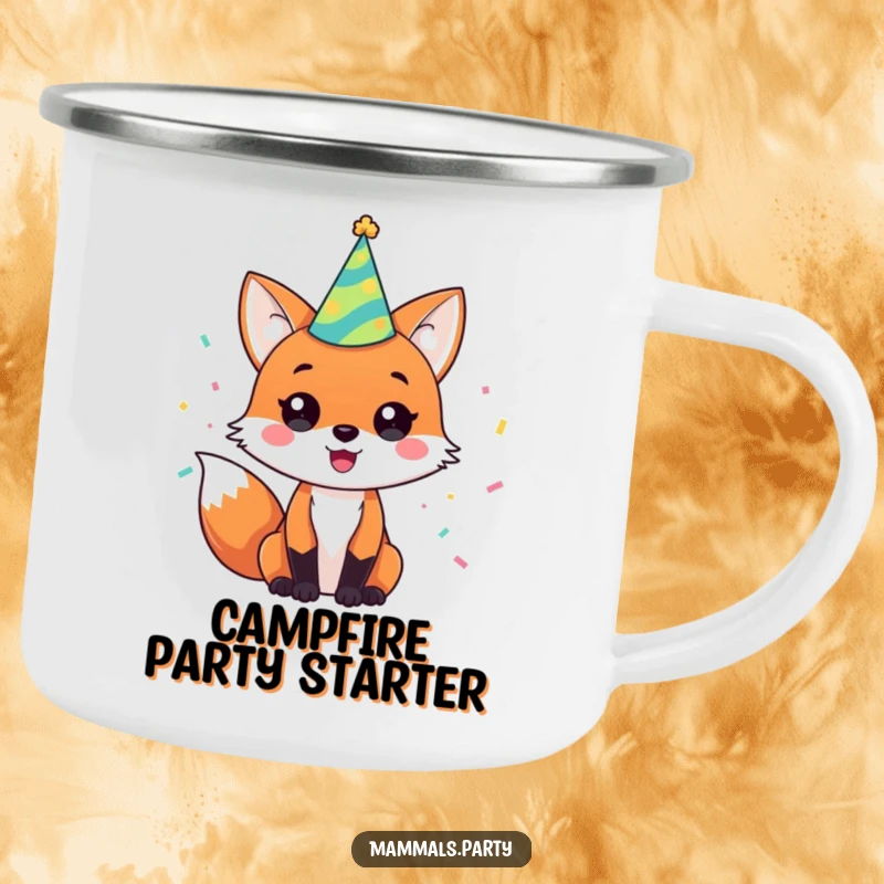 Funny camping mug with a happy fox in a party hat and confetti, ready to celebrate any occasion in the wild.
