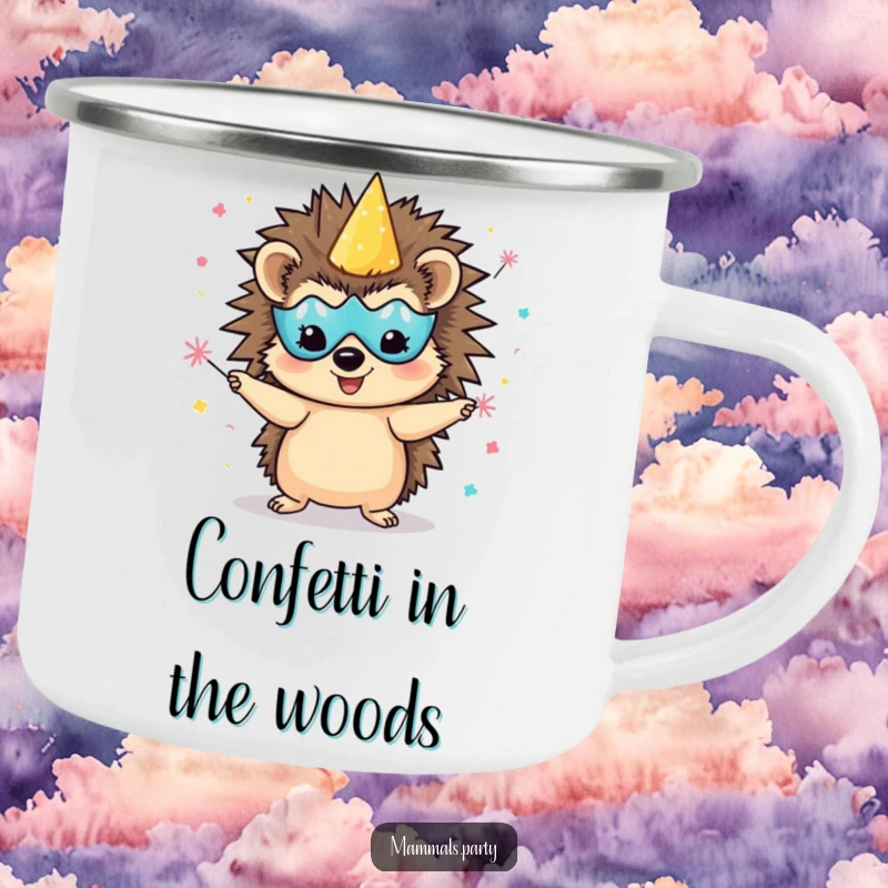 Funny delighted hedgehog camping mug, wearing a party mask and juggling confetti poppers, ready for outdoor celebrations.
