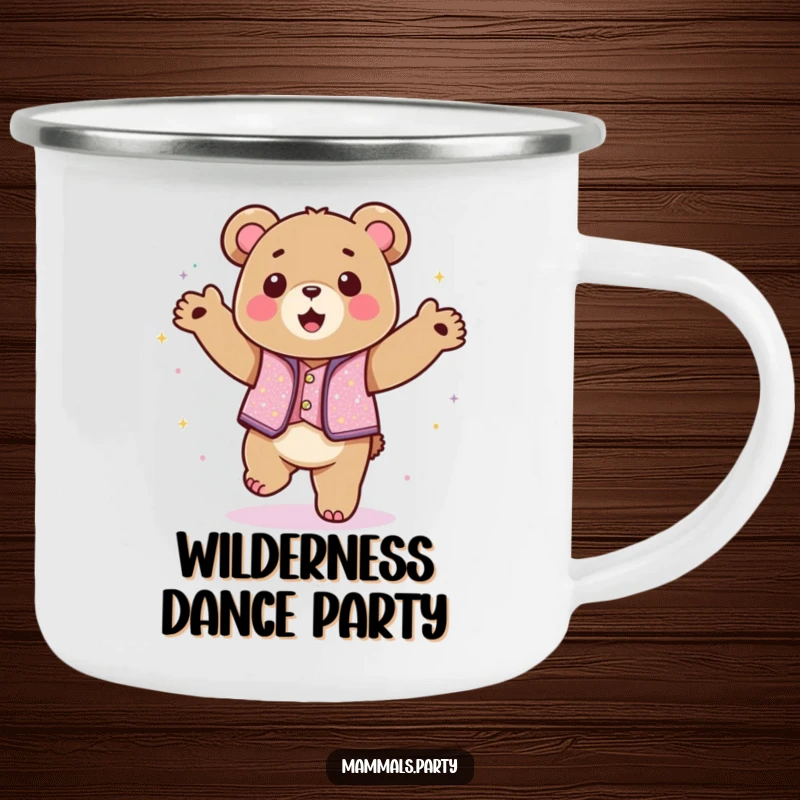 Funny kawaii bear in a sparkly vest dancing with abandon on a durable camping mug for humorous outdoor enjoyment.