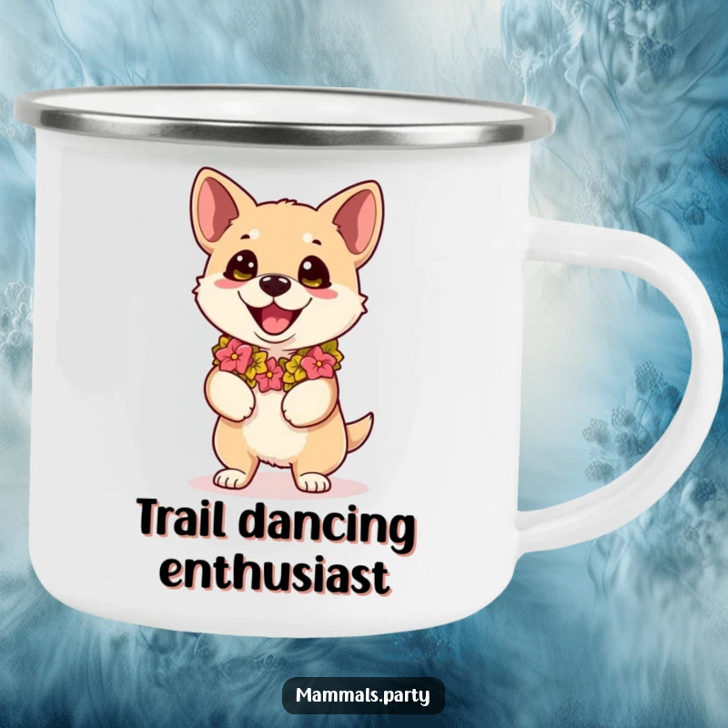 Funny kawaii dog wearing a lei, eyes wide with dance excitement, on a durable camping mug for humorous outdoor use.