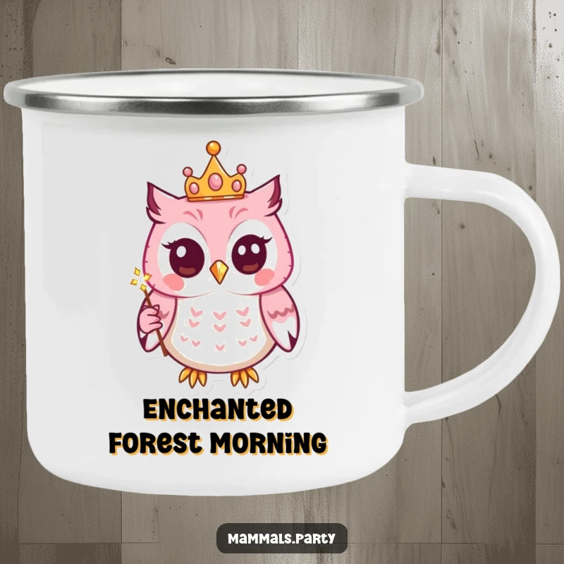 Funny camping mug featuring a kawaii owl wearing a small crown and holding a sparkling wand, perfect for magical outdoor adventures.