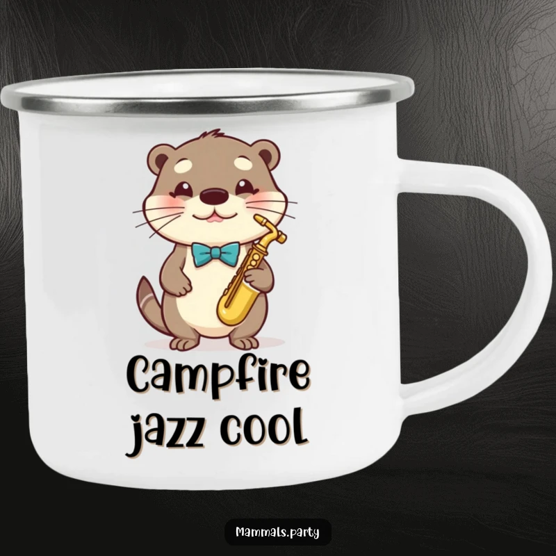 Funny Otter Camping Mug with a bowtie playing a miniature saxophone, perfect for outdoor adventures.