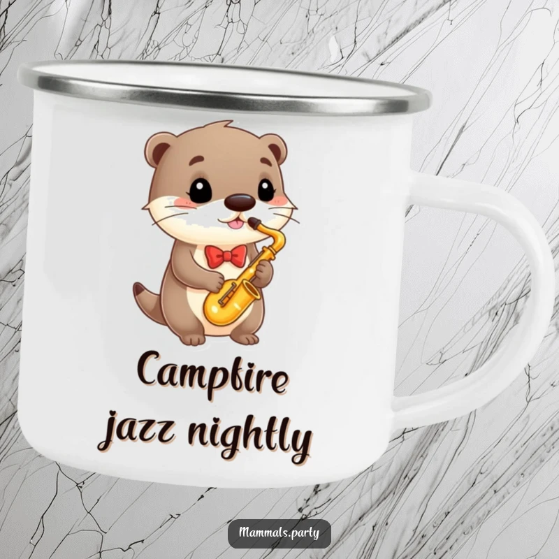 Funny Camping Mug showing a sophisticated otter with a bowtie playing a miniature saxophone, for rugged adventures and musical enjoyment.