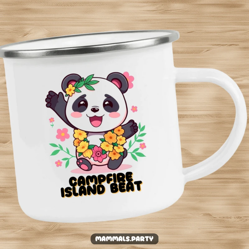 Funny Panda Camping Mug: A kawaii panda wearing a lei, ready for outdoor adventures and tropical vibes.