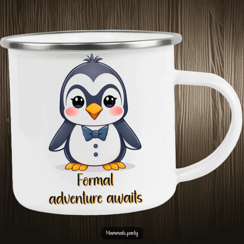 Funny penguin camping mug featuring an energetic character in a tiny tuxedo, perfect for dapper outdoor moments.