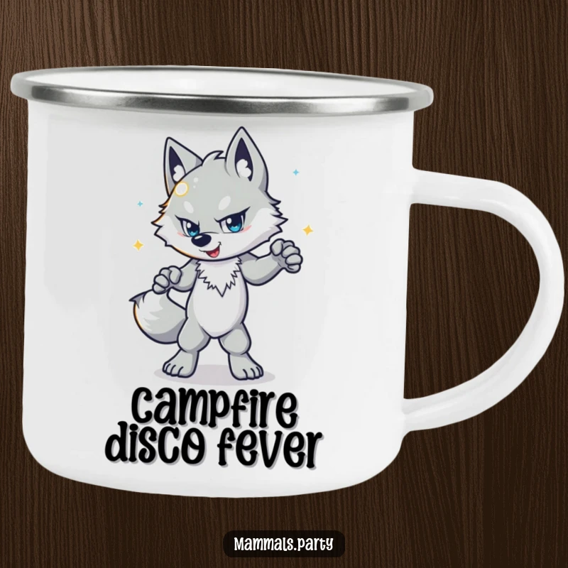 Funny wolf camping mug featuring a determined character disco dancing with a shiny ball, perfect for outdoor party vibes.