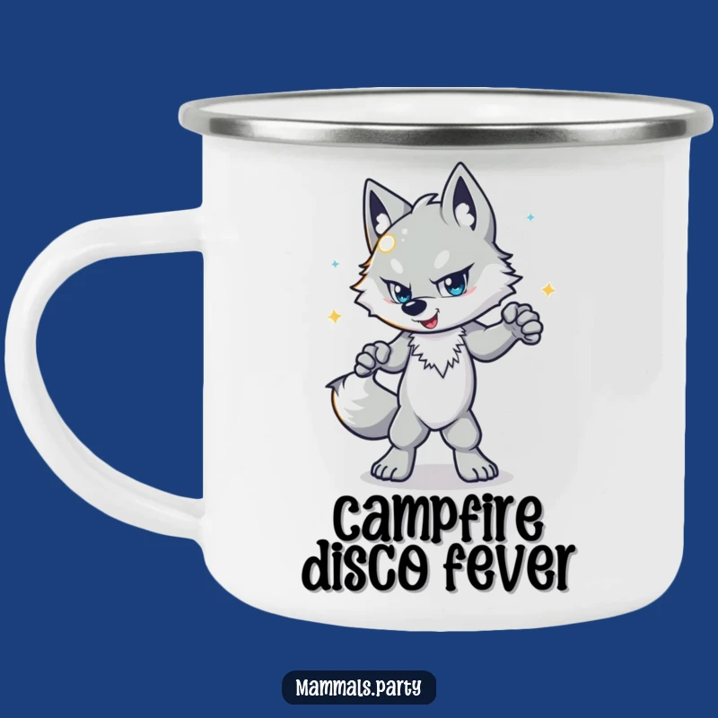 Funny Wolf Disco Camping Mug: Dancer Around Campfire