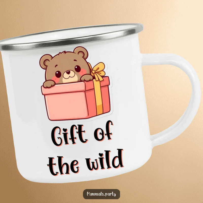 Funny Bear Camping Mug: A curious bear peeks from behind a gift box, embodying a spirit of adventure and delightful surprise.