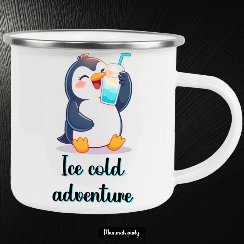 Funny camping mug showing a happy penguin raising a fizzy drink cup, perfect for celebrating in nature.