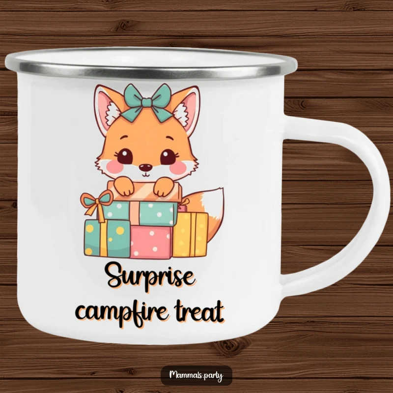 Funny Fox Camping Mug: A playful fox peeks from behind wrapped presents, ready for outdoor drinks and sneaky fun.
