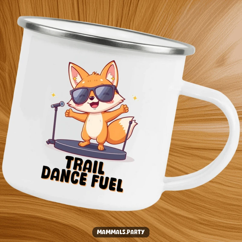 Funny fox character in sunglasses dancing energetically on a miniature stage on a durable camping mug, ready for outdoor fun.