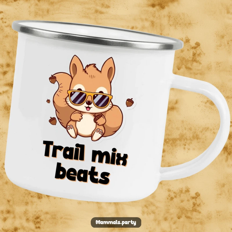 Funny Kawaii Squirrel DJ Camping Mug showing a squirrel with sunglasses and headphones, mixing acorns. A humorous and durable outdoor gift.