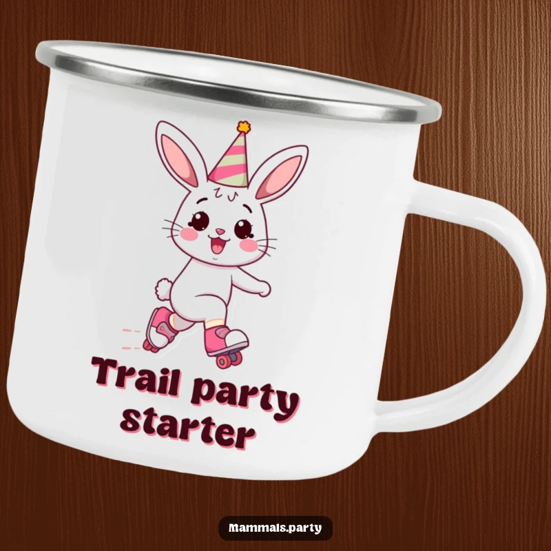 Funny Bunny Camping Mug: A festive bunny on roller skates, party hat on, ready for adventure, embodying fun and durability.