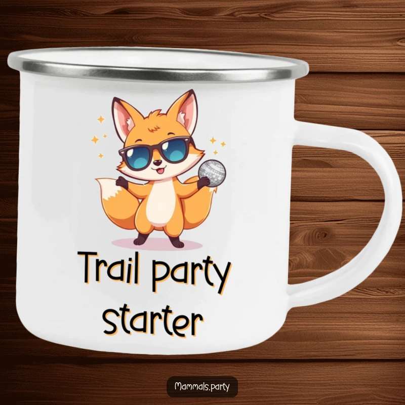 Funny camping mug featuring a dancing fox in sunglasses with a disco ball, great for enjoying drinks during outdoor adventures.