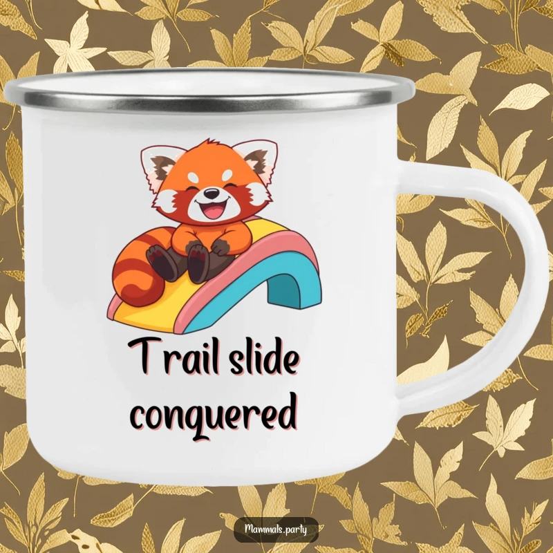Funny camping mug showing a red panda gleefully sliding down a rainbow, perfect for campfire stories and hikes.