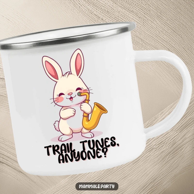 Funny camping mug with a cheerful rabbit playing a saxophone, ready to set the mood for an outdoor jam session.