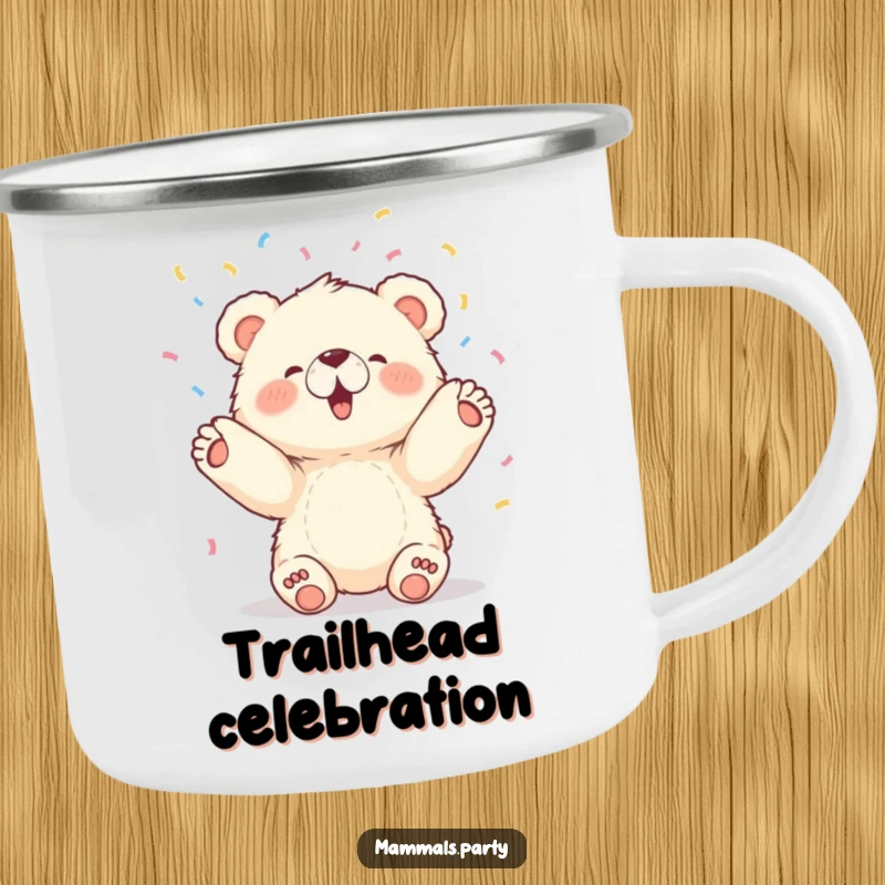 Funny camping mug showing a fluffy bear cub joyfully tossing confetti upwards, perfect for outdoor celebrations.