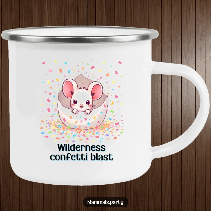 Funny Mouse Camping Mug: A kawaii mouse popping out of confetti, perfect for adding a festive touch to outdoor sips.