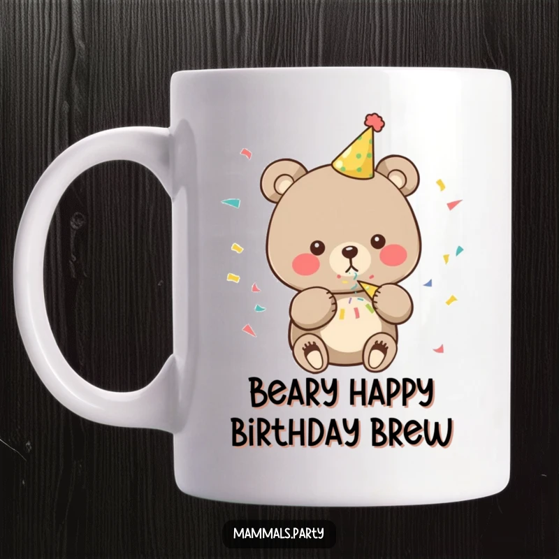 Funny bear mug with a cute character wearing a party hat, blowing a confetti popper, full of celebratory joy.