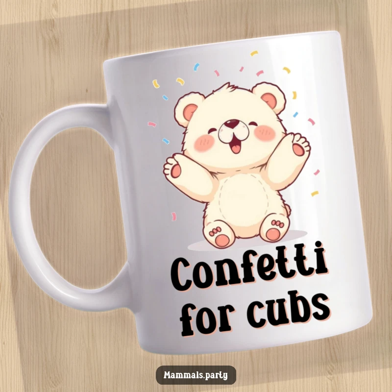 Funny mug showing a fluffy bear cub with a happy expression tossing a shower of colorful confetti upwards with its paws.