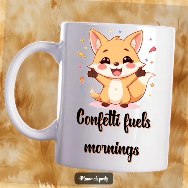Funny Fox Mug: A smiling fox joyfully juggles a cascade of colorful confetti, radiating pure excitement and festive cheer.