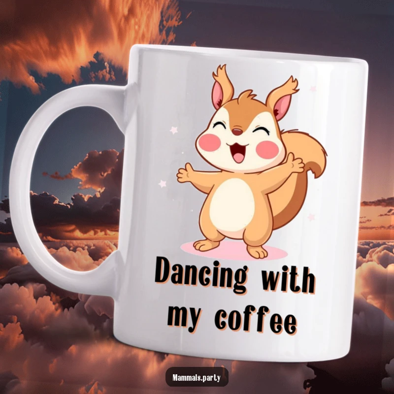 Funny Squirrel Mug: A happy squirrel dances joyfully under shimmering disco lights, radiating pure energy and a love for music.