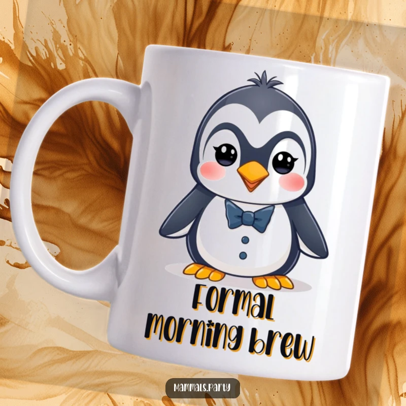 Funny penguin mug featuring an energetic character sharply dressed in a tiny tuxedo, radiating dapper charm.