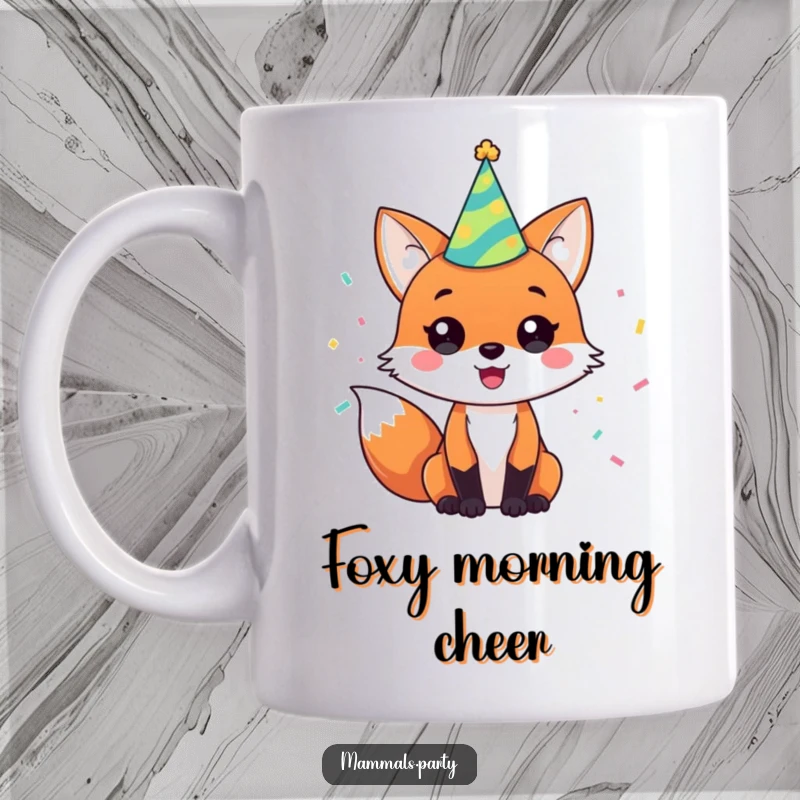 Funny mug showcasing a happy fox character wearing a festive party hat, surrounded by colorful confetti, ready to celebrate.