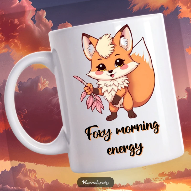 Funny kawaii fox wearing a feather boa striking a dramatic pose on a mug, exuding sass and theatrical charm.