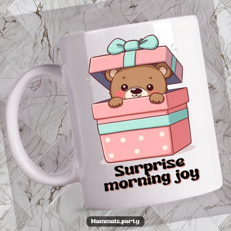 Funny mug showing a curious bear cub peeking out from a giant, open gift box with wide, innocent eyes.
