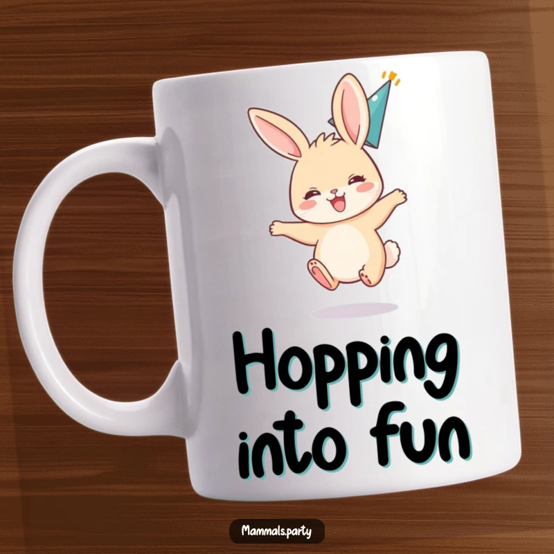 Funny mug showing a small, excited bunny bouncing with ears flopped back, wearing a festive party hat.