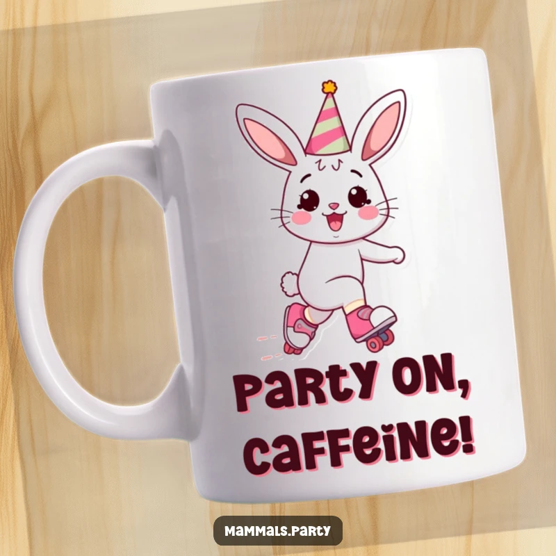Funny Bunny Mug: A happy bunny wearing a party hat zooms gleefully on roller skates, radiating pure joy and playful energy.