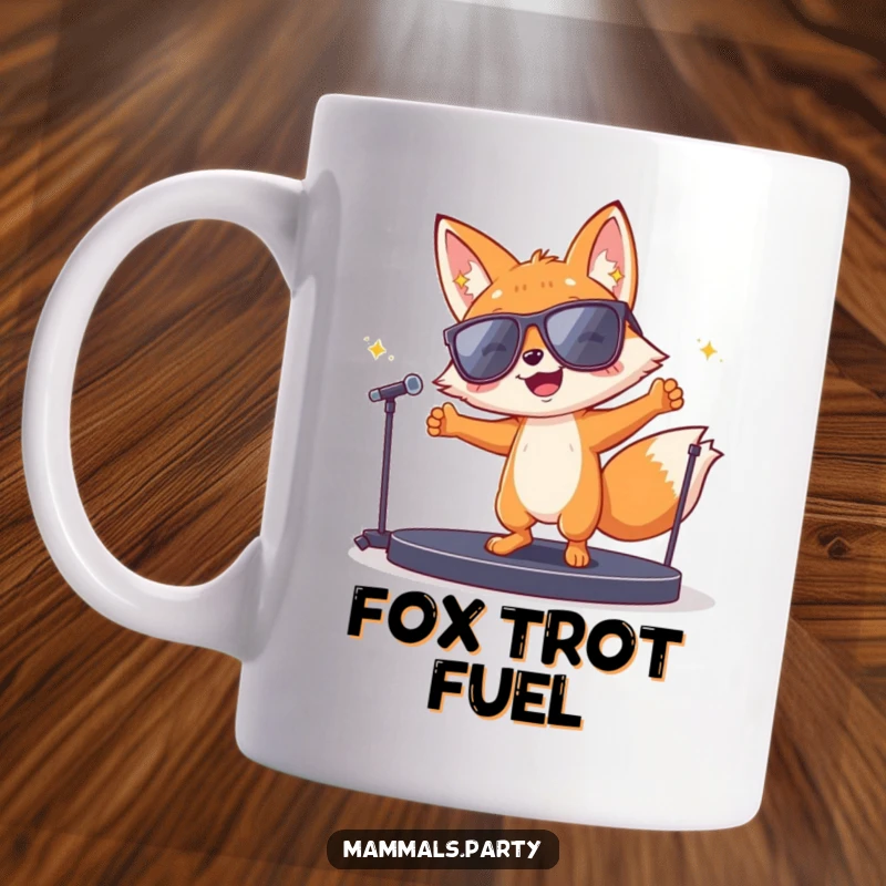 Funny fox character in large sunglasses, dancing wildly on a tiny stage, radiating pure joy and party vibes, excellent funny gift.