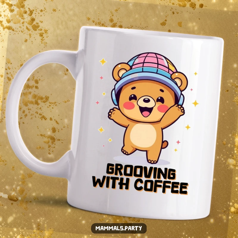 Funny mug featuring a happy bear in a disco ball helmet dancing energetically, radiating pure joy and fun.