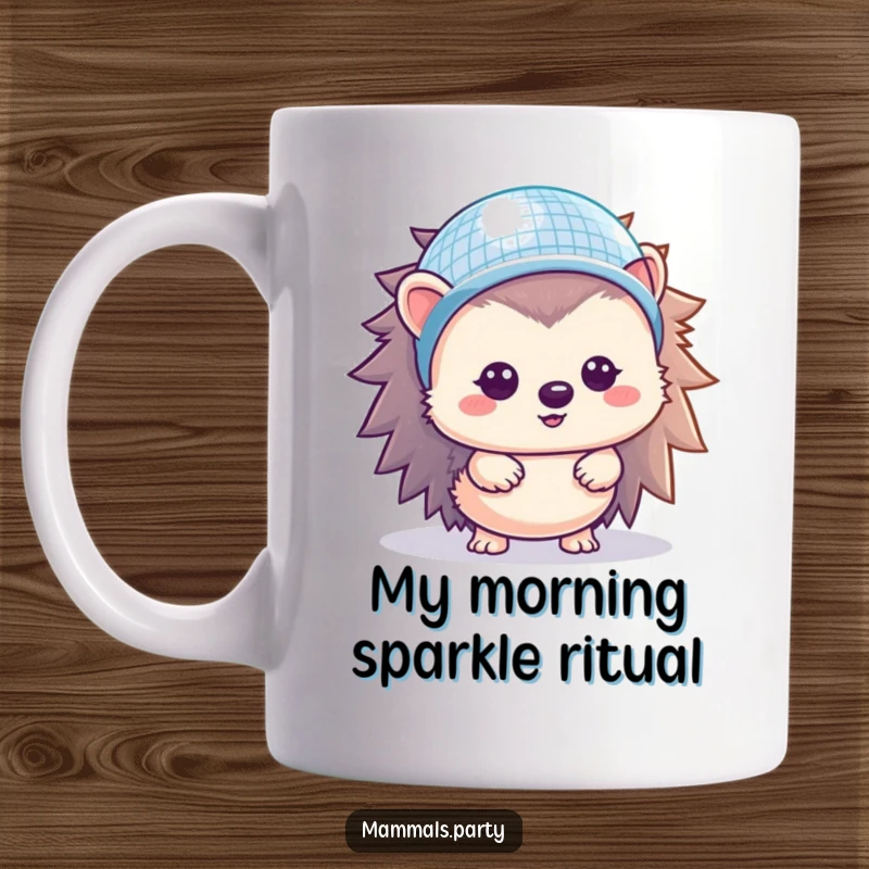 Funny Hedgehog Mug: A cute kawaii hedgehog in a tiny disco ball helmet shines with joy and party vibes.