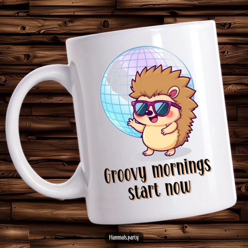 Funny Hedgehog Disco Mug: A happy, round hedgehog wearing sunglasses attempts to dance with a giant disco ball, radiating cool vibes.