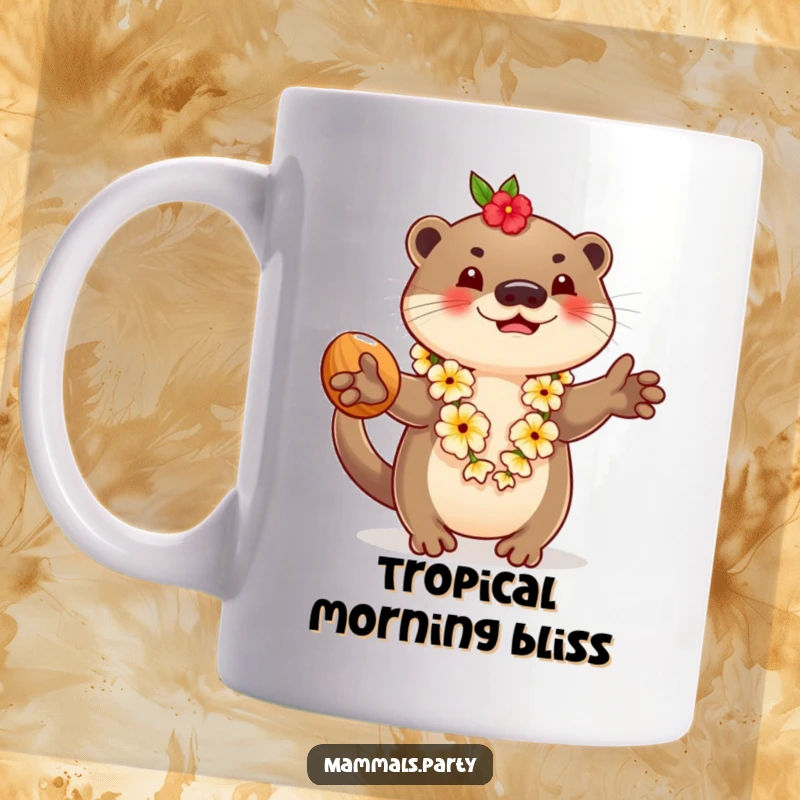 Funny mug showcasing a happy otter wearing a lei, skillfully juggling coconuts, radiating pure tropical fun and playfulness.