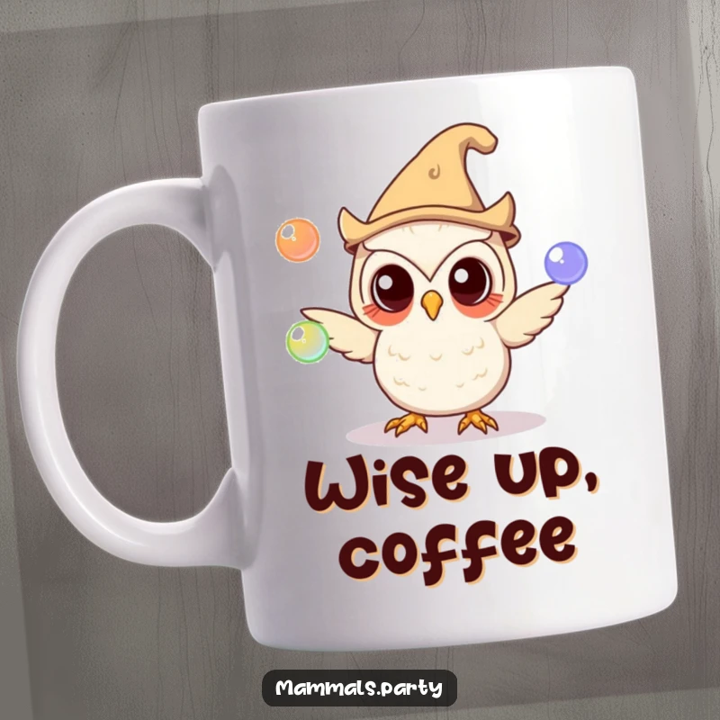 Funny owl character in a silly hat attempting to juggle glowing orbs, looking curious and focused, perfect for a funny gift.