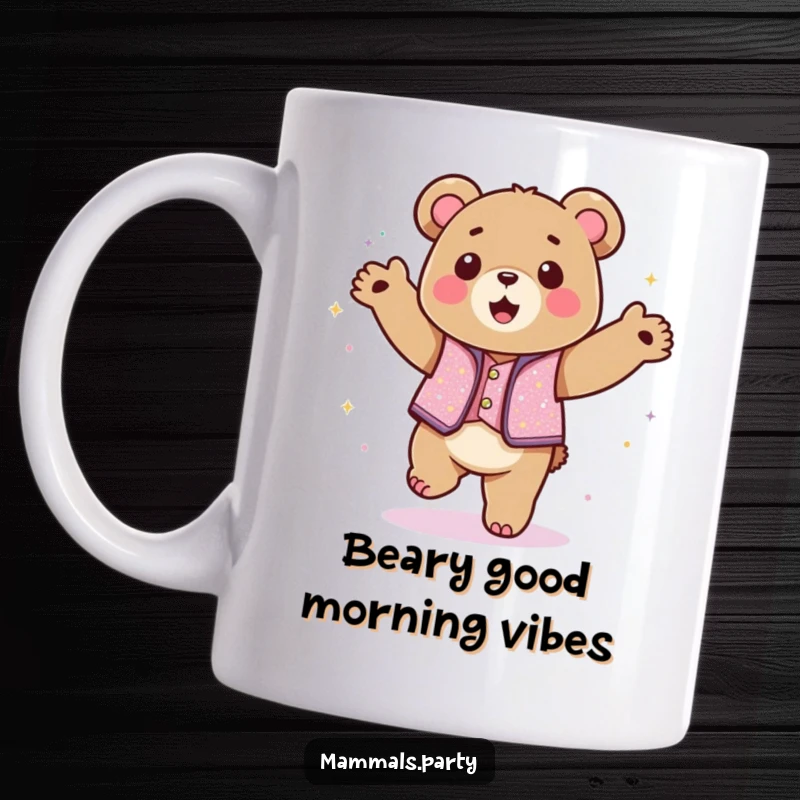 Funny kawaii bear in a sparkly vest dancing with abandon on a mug, radiating pure happiness and energetic fun.