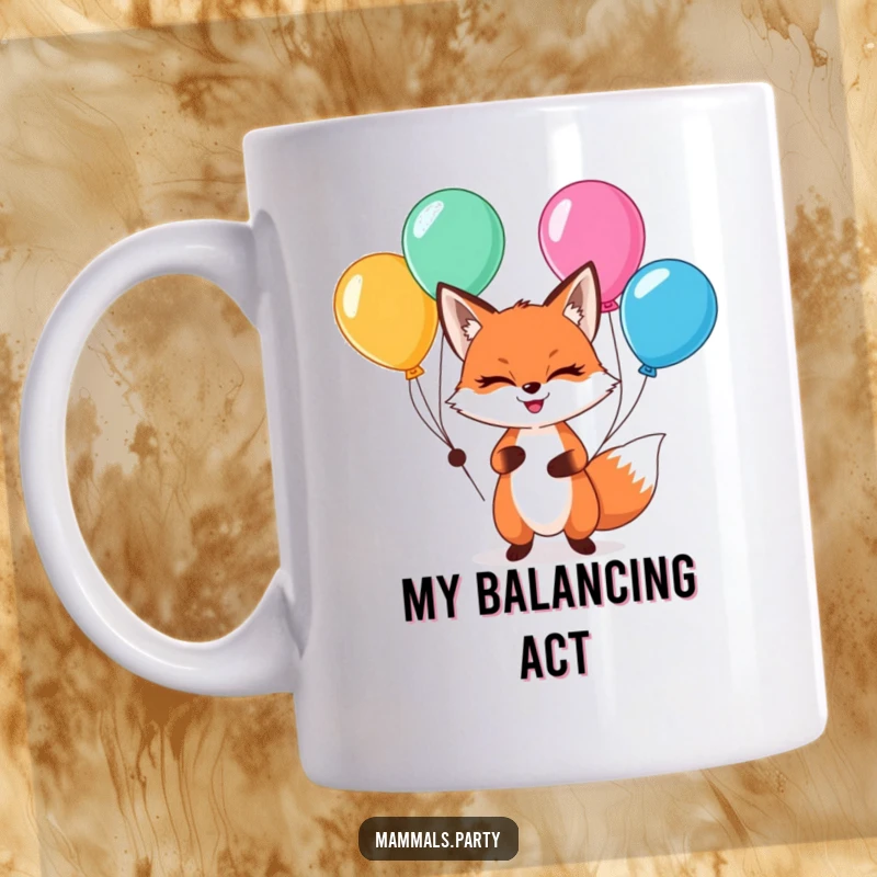 Funny kawaii fox with a sly grin, skillfully juggling colorful balloons, a charming and witty character.