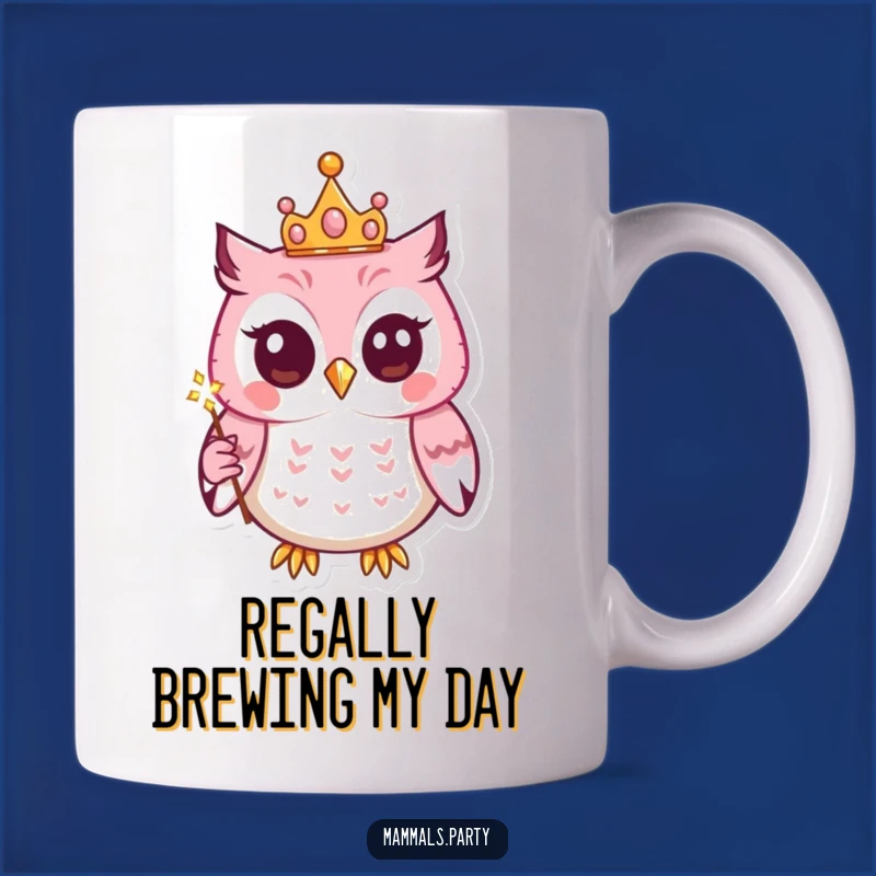 Funny Kawaii Owl Mug: Royal Humor with a Crowned, Wand-Wielding Owl