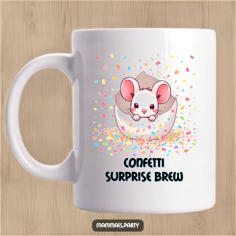 Funny Mouse Mug: A cute kawaii mouse peeks from a giant explosion of colorful confetti, looking gleeful and surprised.