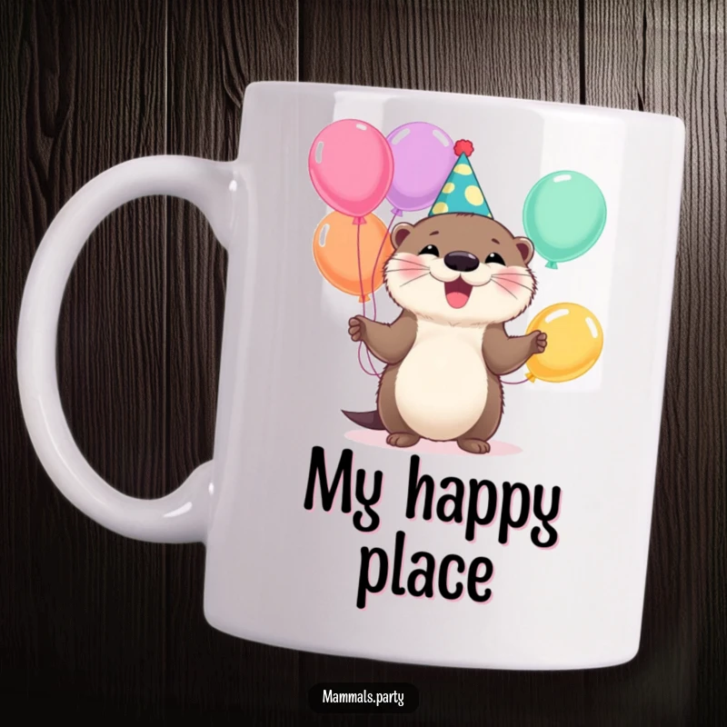 Funny Otter Mug: A fluffy otter in a party hat juggles colorful balloons with a wide, joyful grin, spreading happiness.