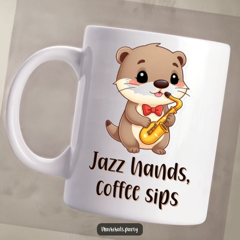 Funny Mug featuring a sophisticated otter in a bowtie enthusiastically playing a small saxophone, radiating musical joy.