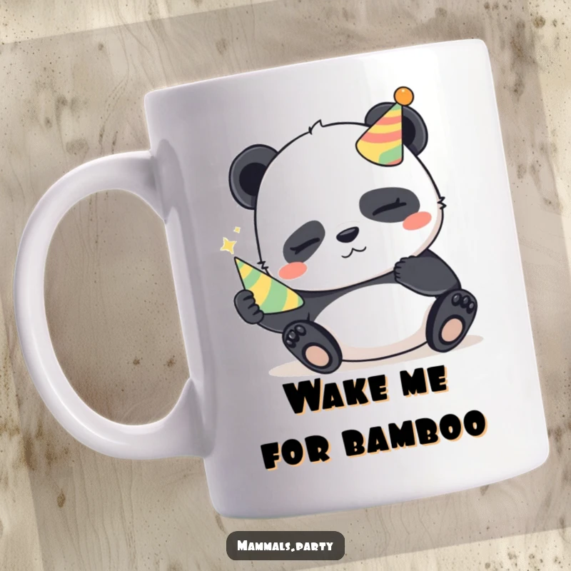 Funny Panda Mug: A sleepy panda holds a tiny party horn with a mischievous glint in its eye, ready for subtle chaos.
