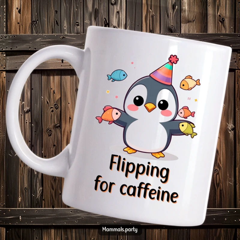 Funny penguin in a party hat juggling colorful fish on a mug, looking cheerful and skilled.