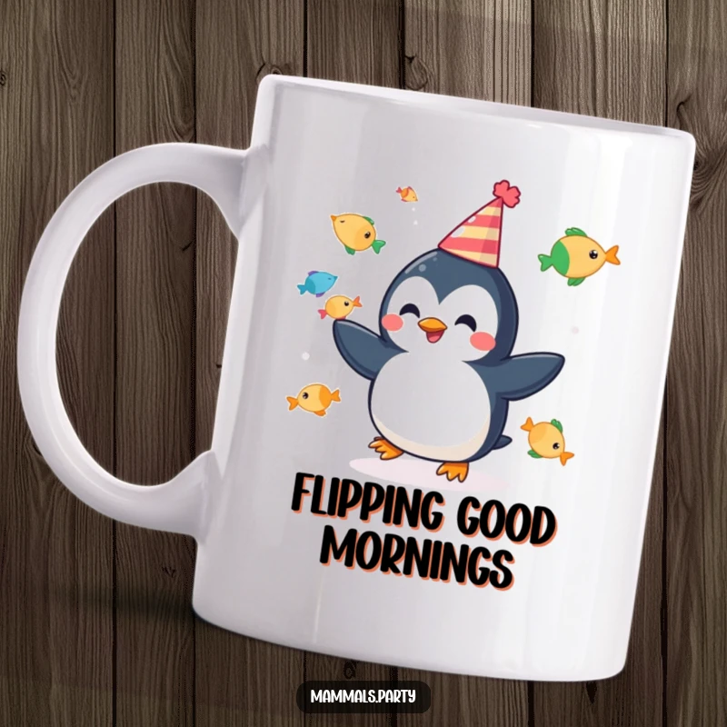 Funny mug featuring a cheerful penguin in a party hat juggling colorful fish, radiating celebratory fun.